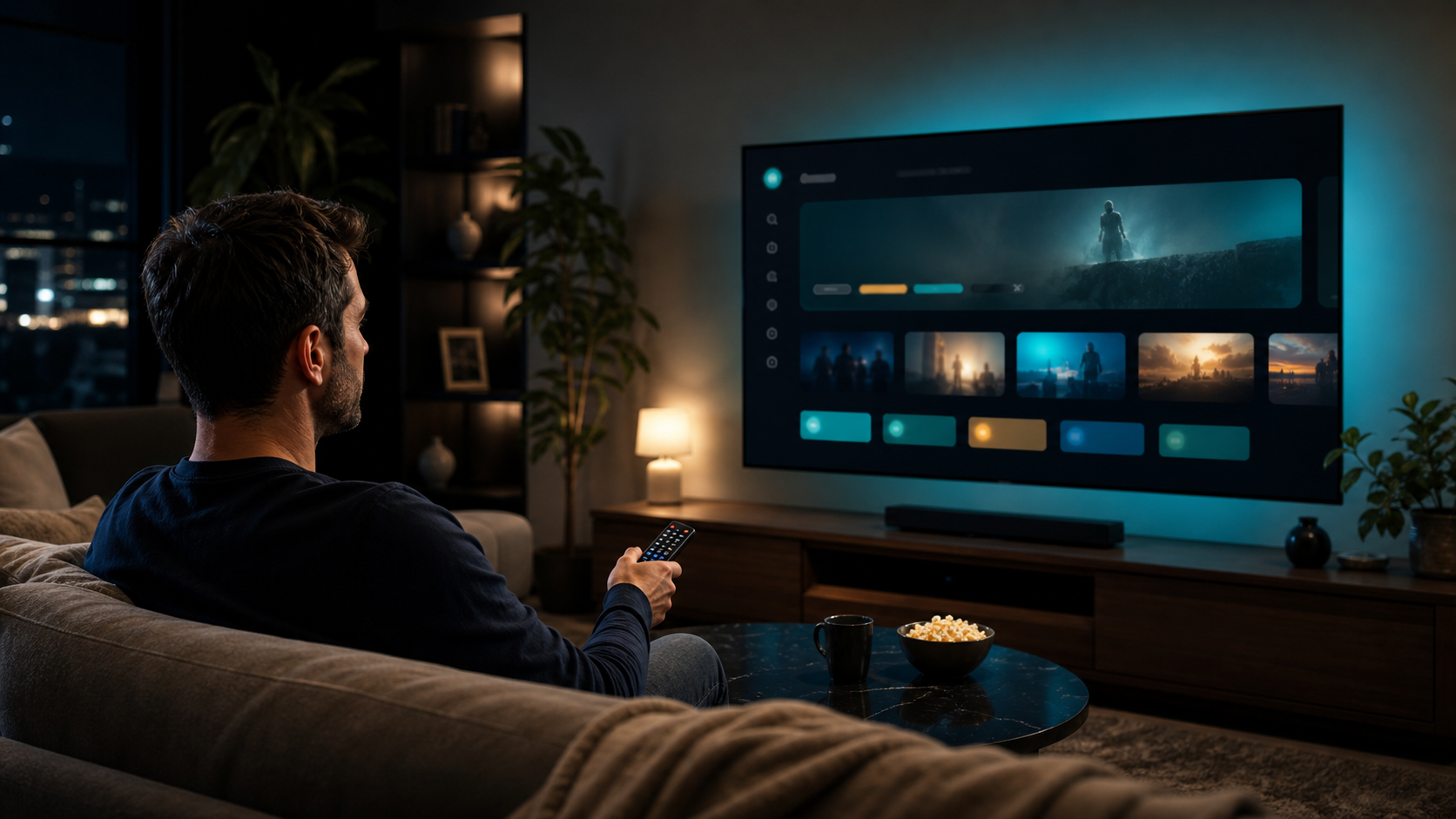 Client devant une TV avec EB Play